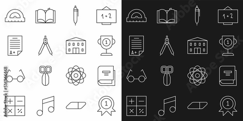 Set line Medal, Book, Award cup, Pen, Drawing compass, Exam sheet with plus grade, Protractor and School building icon. Vector