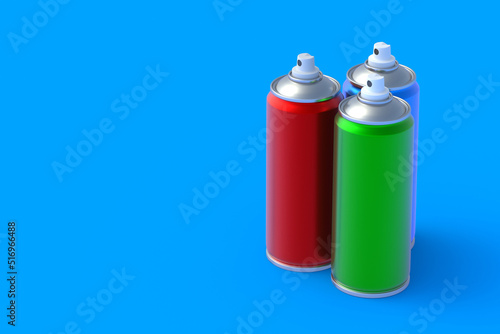 Three metallic cans of spray paint. Hairspray or lacquer. Disinfectant sprayer. Renovation equipment. Gas in aerosol container. Tool for street art. Copy space. 3d illustration