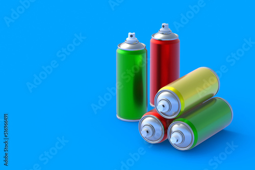 Different metallic cans of spray paint. Hairspray or lacquer. Disinfectant sprayer. Renovation equipment. Gas in aerosol container. Tool for street art. Copy space. 3d render