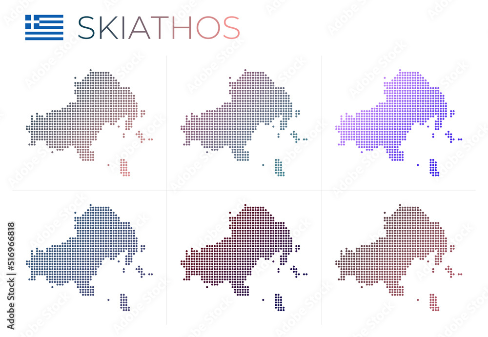 Skiathos dotted map set. Map of Skiathos in dotted style. Borders of the island filled with beautiful smooth gradient circles. Artistic vector illustration.
