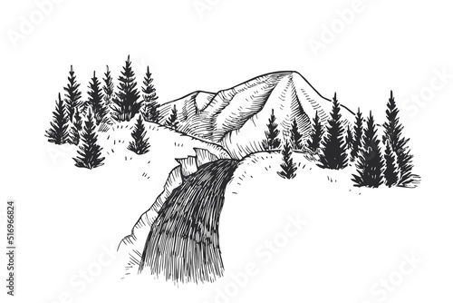 Vector landscape with a road leading to the mountains. Hand drawn illustration of rocks with firs. Sketch of scenery with hills.