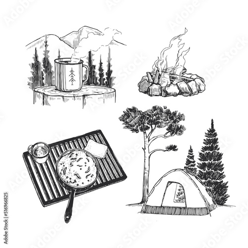 Vector set illustrations of objects for camping. Hand drawn sketch of mug with steam, on mountains background, grill with food in pan, tent and bonfire. Life in the camp.