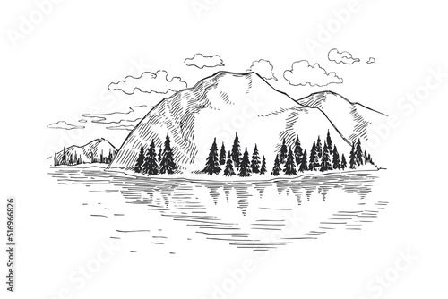 Vector illustration with lake and hills. Hand drawn mountain landscape. Sketch of scenery with reflection on water.