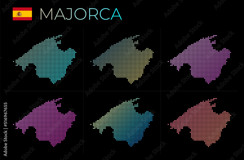 Fototapeta premium Majorca dotted map set. Map of Majorca in dotted style. Borders of the island filled with beautiful smooth gradient circles. Vibrant vector illustration.