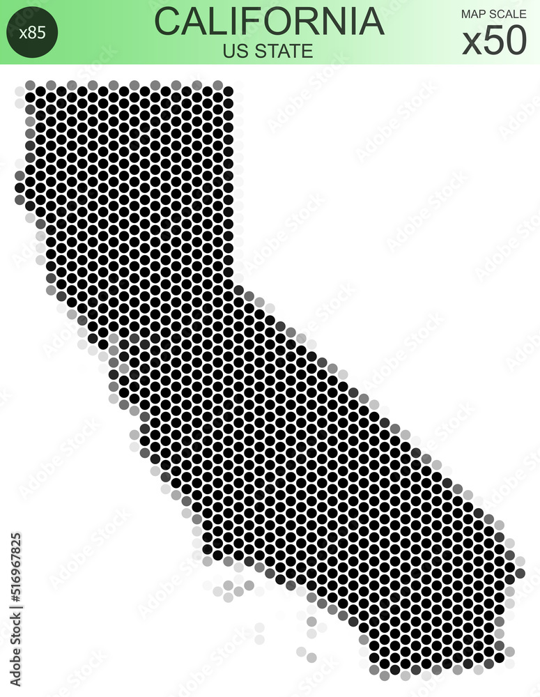 Dotted map of the state of California in the USA, from circles placed in hexagons. Scaled 50x50 elements. With rough edges from a grayscale gradient on a white background.