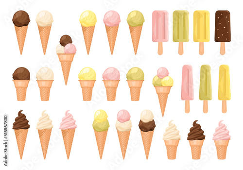 Set of colorful ice cream sundae cone in flat design. Summer clip arts illustration