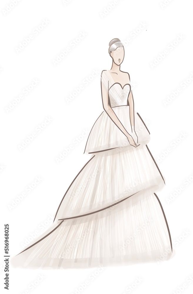 Fashion wedding illustration. Bride in a white tulle wedding dress. A young woman in a light evening dress with a corset. minimalistic digital art Fashion wedding illustration. Bride in a white tulle wedding dress. A young woman in a light evening dress with a corset. minimalistic digital art