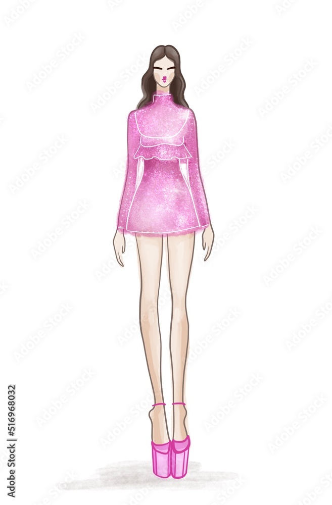 Fashion illustration. Style icon in a little pink sparkly dress. Beautiful dark hair woman. Digital fashion art. Fashion illustration. Style icon in a little pink sparkly dress. Beautiful dark hair woman. Digital fashion art.