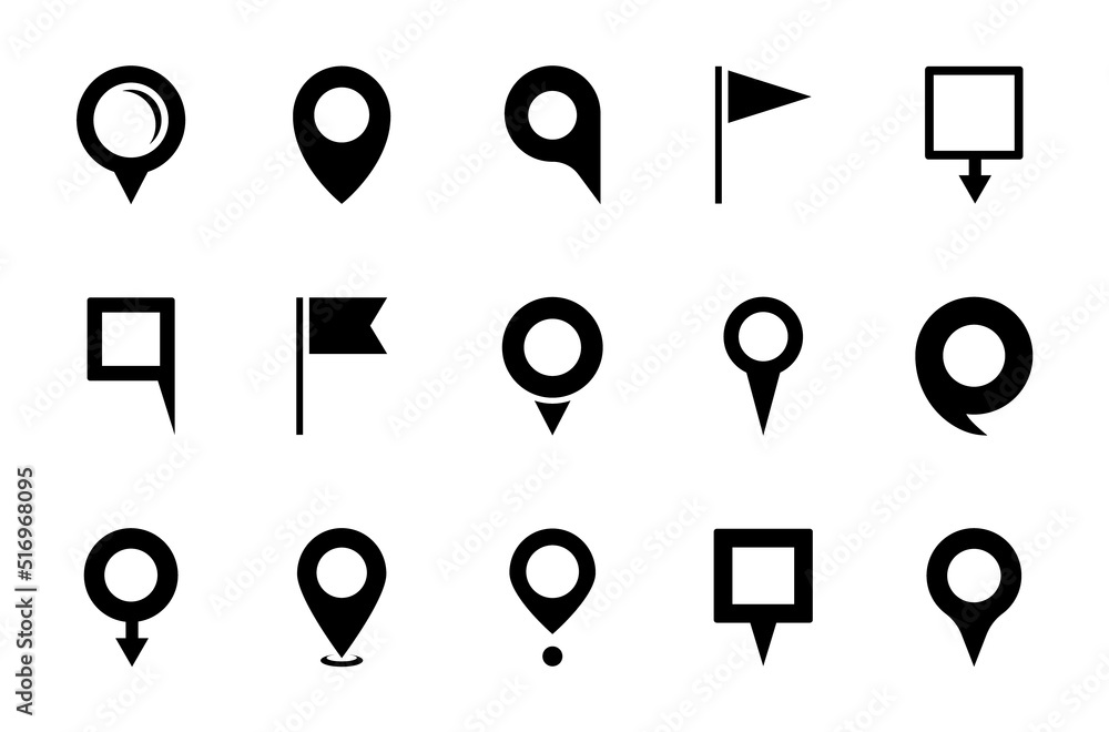 Set of pointers. Black map markers. Map pins. Navigation and location icons. Vector illustration.