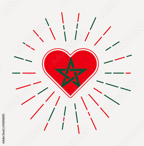 Morocco heart with flag of the country. Sunburst around Morocco heart sign. Vector illustration.