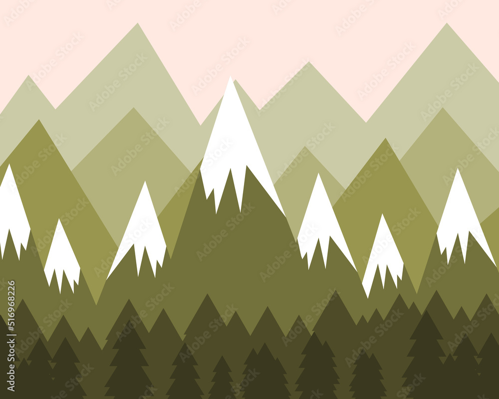 Children`s hand drawn color mountain illustration in scandinavian style. Mountain landscape vector illustration