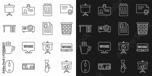 Set line Chalkboard with diagram, Laptop text work, Trash can, Spiral notebook, Movie, film, media projector, Office desk, and Resume icon. Vector