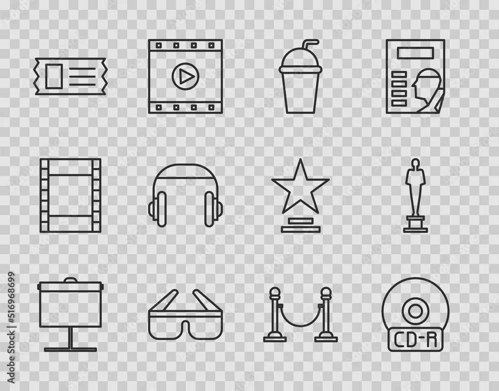 Set line Projection screen, CD or DVD disk, Paper glass with straw, 3D cinema glasses, Cinema ticket, Headphones, Rope barrier and Movie trophy icon. Vector Set line Projection screen, CD or DVD disk, Paper glass with straw, 3D cinema glasses, Cinema ticket, Headphones, Rope barrier and Movie trophy icon. Vector