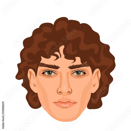 Brunette man head isolated on white background. Handsome male avatar. Beautiful face with detailed eyes, nose and lips. Curly hairstyle.