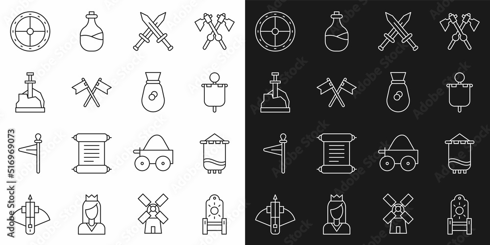 Set line Medieval throne, flag, Crossed medieval sword, Sword in the stone, Round wooden shield and Old money bag icon. Vector