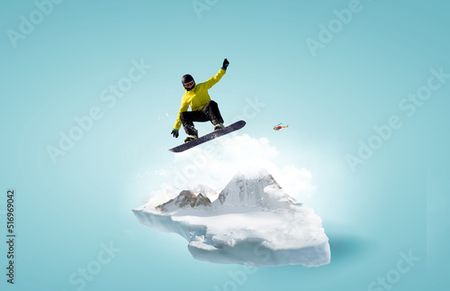 Snowboarder and Alps landscape . Mixed media