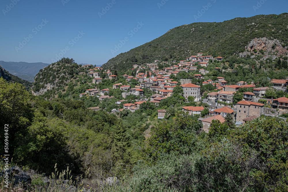 View of Stemnitsa, a traditional charming mountain village, located by the Lousios River gorge, in Arcadia, Peloponnese, Greece.