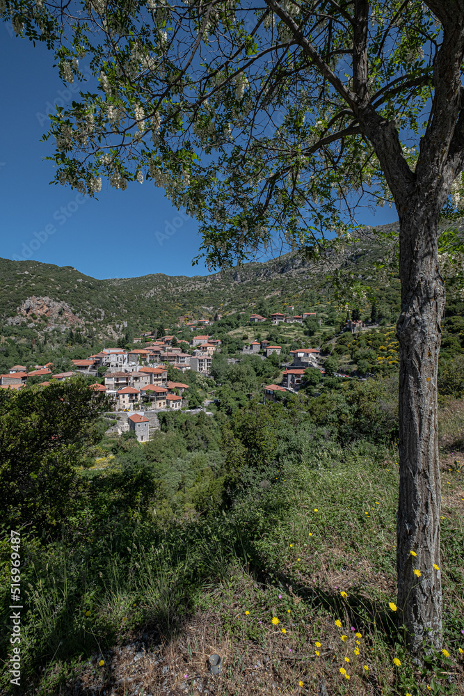 View of Stemnitsa, a traditional charming mountain village, located by the Lousios River gorge, in Arcadia, Peloponnese, Greece. View of Stemnitsa, a traditional charming mountain village, located by the Lousios River gorge, in Arcadia, Peloponnese, Greece.