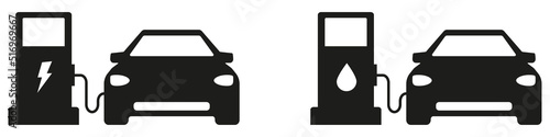 Petrol car and electric car at a gas station. Icons isolated on white background. Vector illustration eps10