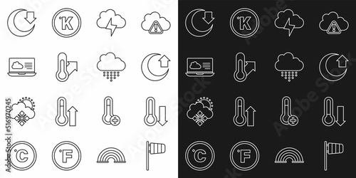 Set line Cone windsock wind vane, Meteorology thermometer, Moon, Storm, Weather forecast, and Cloud with rain icon. Vector