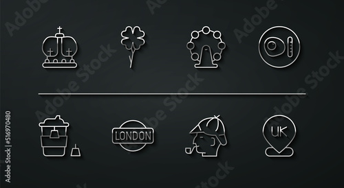 Set line British crown, Coffee cup to go, breakfast, Sherlock Holmes, London sign, Four leaf clover, Location England and eye icon. Vector