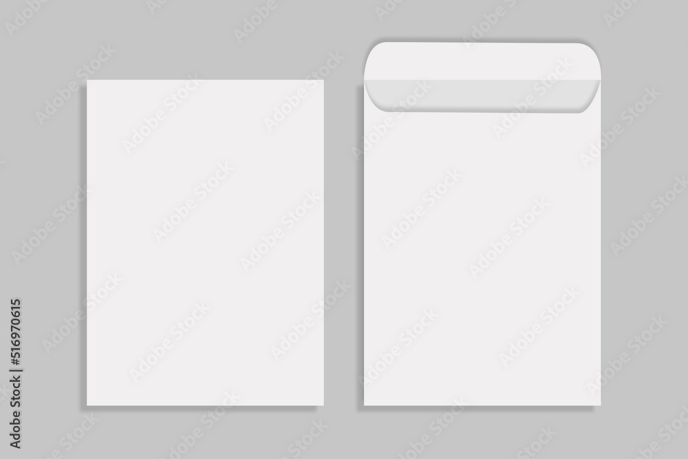 A4 white letter paper DL envelope front view. closed on gray background