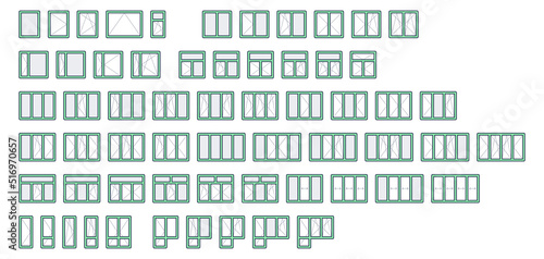 Windows calculator line icons. Vector illustration include icon - sliding, rectangular, double section, balcony door outline pictogram for glass price estimator. Green Color, Editable Stroke photo