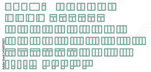 Windows calculator line icons. Vector illustration include icon - sliding, rectangular, double section, balcony door outline pictogram for glass price estimator. Green Color, Editable Stroke