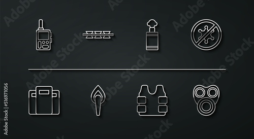 Set line Walkie talkie, Police assault shield, Protest, Bulletproof vest, Torch flame, Barbed wire, Gas mask and Hand grenade icon. Vector