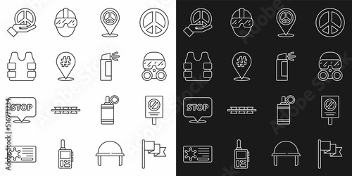 Set line Location marker, Protest, Gas mask, peace, Bulletproof vest, Peace and Pepper spray icon. Vector