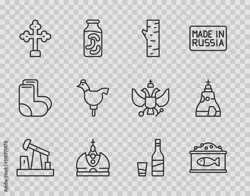 Set line Oil pump or pump jack, Tin can with caviar, Birch tree, King crown, Christian cross, Cockerel lollipop, Bottle of vodka glass and The Tsar bell icon. Vector
