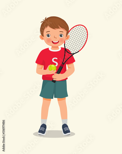 cute little boy athlete holding tennis racket and ball ready to play tennis at sport club