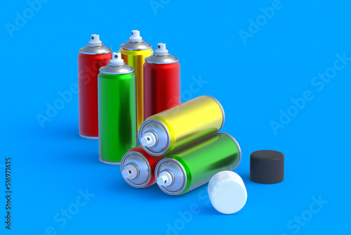 Many metallic cans of spray paint. Hairspray or lacquer. Disinfectant sprayer. Renovation equipment. Gas in aerosol container. Tool for street art. 3d illustration