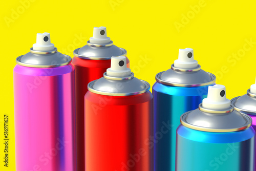 Metallic cans of spray paint. Hairspray or lacquer. Disinfectant sprayer. Renovation equipment. Gas in aerosol container. Tool for street art. 3d illustration