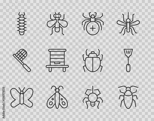 Set line Butterfly, Cockroach, Spider, Centipede, Hive for bees, and Fly swatter icon. Vector