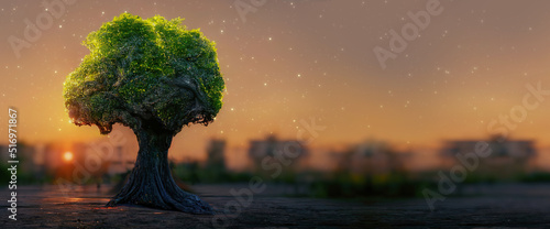 Big old tree with green leaves on a blurred sunset background. Magic tree  fantasy landscape with sunset. 3D illustration.