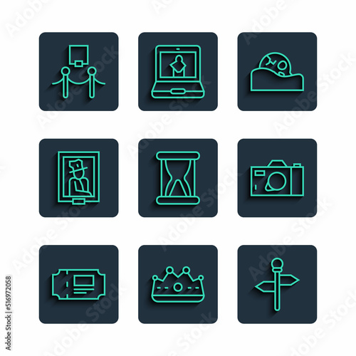 Set line Museum ticket, King crown, Road traffic signpost, Human skull, Old hourglass with sand, Portrait museum, Picture rope barrier and Photo camera icon. Vector