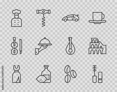 Set line Woman dress, Mascara brush, Sport racing, Limoncello bottle, Italian cook, Covered with tray of food, Coffee beans and Coliseum Rome icon. Vector