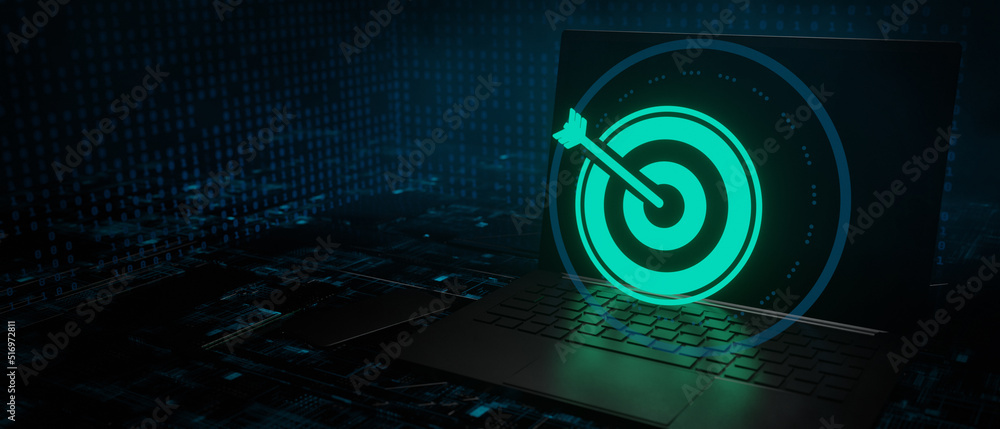 Smart goal setting, dart hit center of dartboard glowing blue green. 3D Render Smart goal setting, dart hit center of dartboard glowing blue green. 3D Render