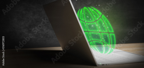 Global technology glowing icon on laptop 3d Render
