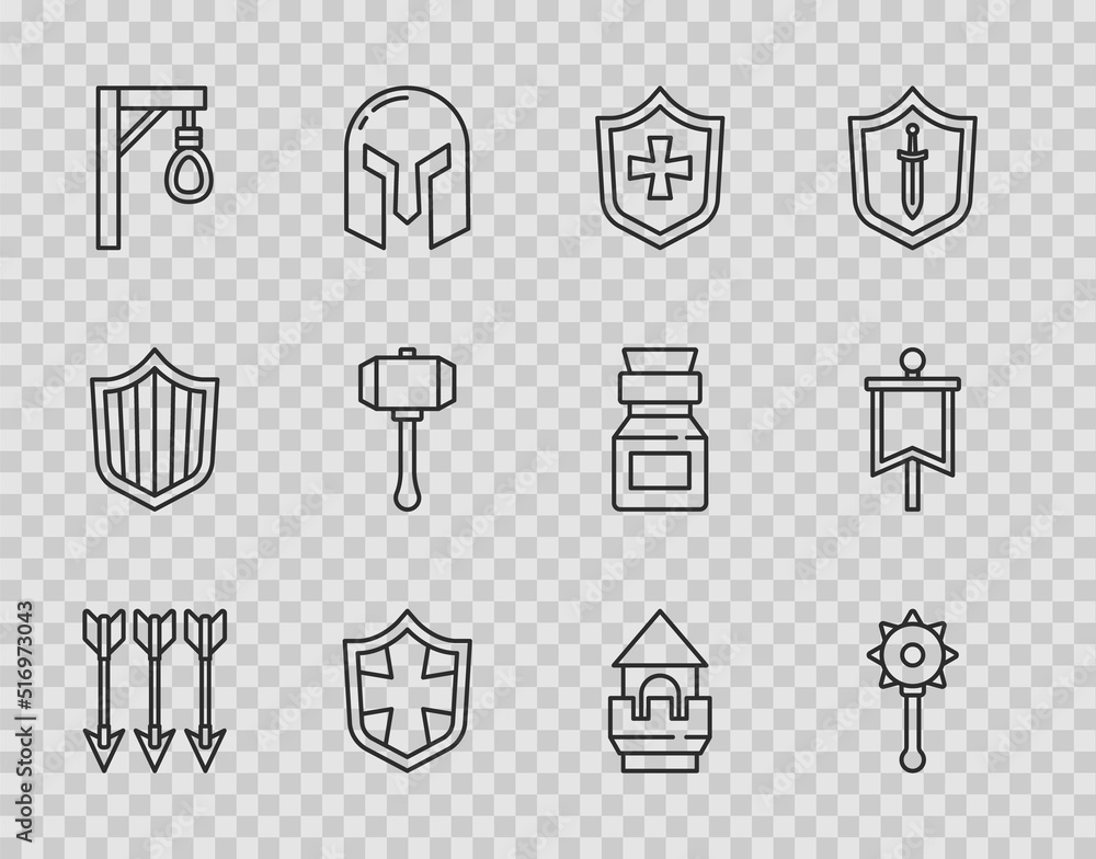 Set line Crossed arrows, Medieval chained mace ball, Shield, Gallows, Hammer, Castle tower and flag icon. Vector Set line Crossed arrows, Medieval chained mace ball, Shield, Gallows, Hammer, Castle tower and flag icon. Vector