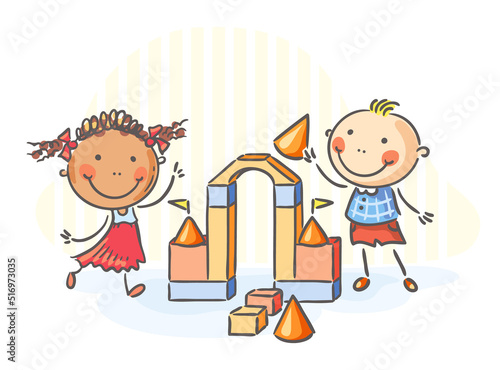 Happy kids playing with blocks