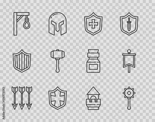 Set line Crossed arrows, Medieval chained mace ball, Shield, Gallows, Hammer, Castle tower and flag icon. Vector