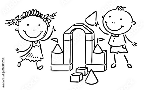 Line drawing of happy kids playing with blocks