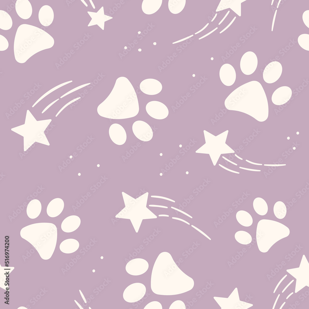 Purple and white vector pattern for pets with shooting stars and paw prints Purple and white vector pattern for pets with shooting stars and paw prints