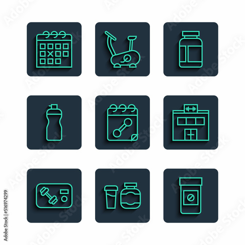 Set line Fitness club, gym card, Sports nutrition, Anabolic drugs, Calendar fitness, shaker, and Gym building icon. Vector