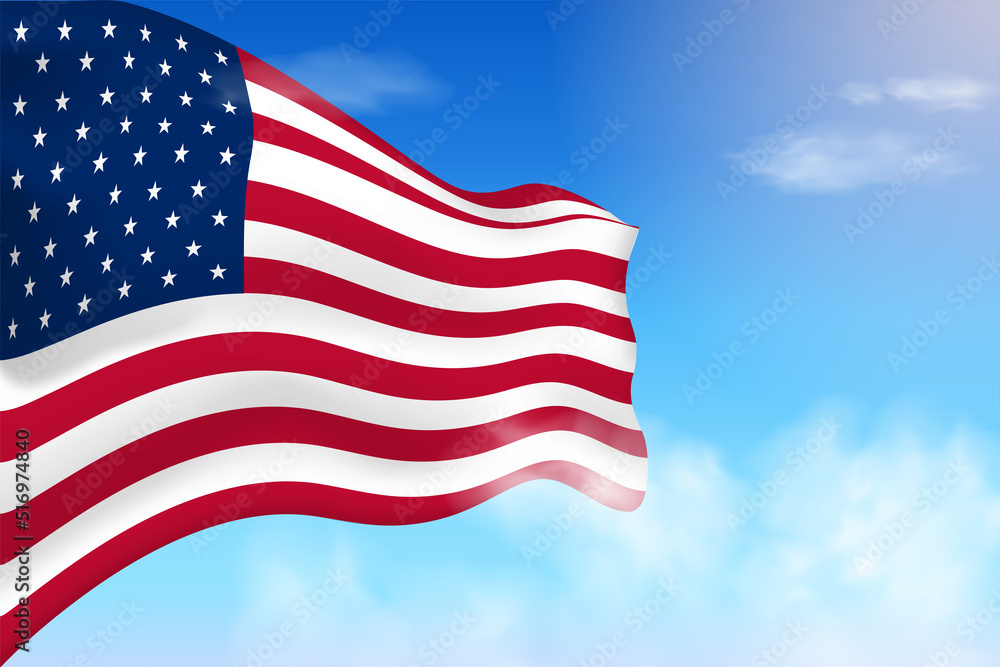 Fototapeta premium United States flag in the clouds. Vector flag waving in the sky. National day realistic flag illustration. Blue sky vector. 