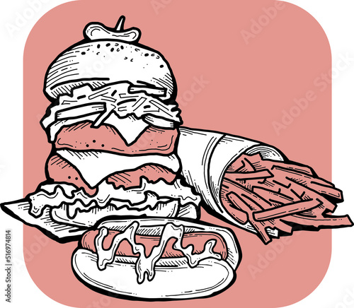 Fast food collection for tasty eating. Unhealthy junk snaks to take away for picnic outdoor. Hand drawn illustration for cafe, restaurant menu, poster or logo design. Cartoon style vector drawing.