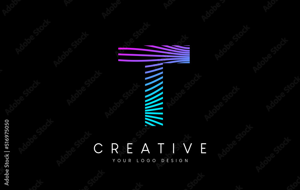 Warp Zebra Lines Letter T logo Design with Neon Purple Lines and Creative Icon Vector Warp Zebra Lines Letter T logo Design with Neon Purple Lines and Creative Icon Vector