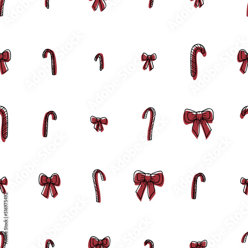 Vector seamless pattern with bows and candies. Cute print for fabric, linen and pajamas, web page, scrapbooking album, gift and wrapping paper, greeting cards, cover, winter decorations, collages.